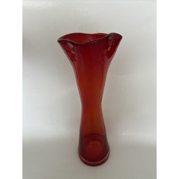 Tall Hand blown MCM Swung Vase Ombre Red Orange Art Glass Amberina 13.5” Fluted - Picture 2 of 11